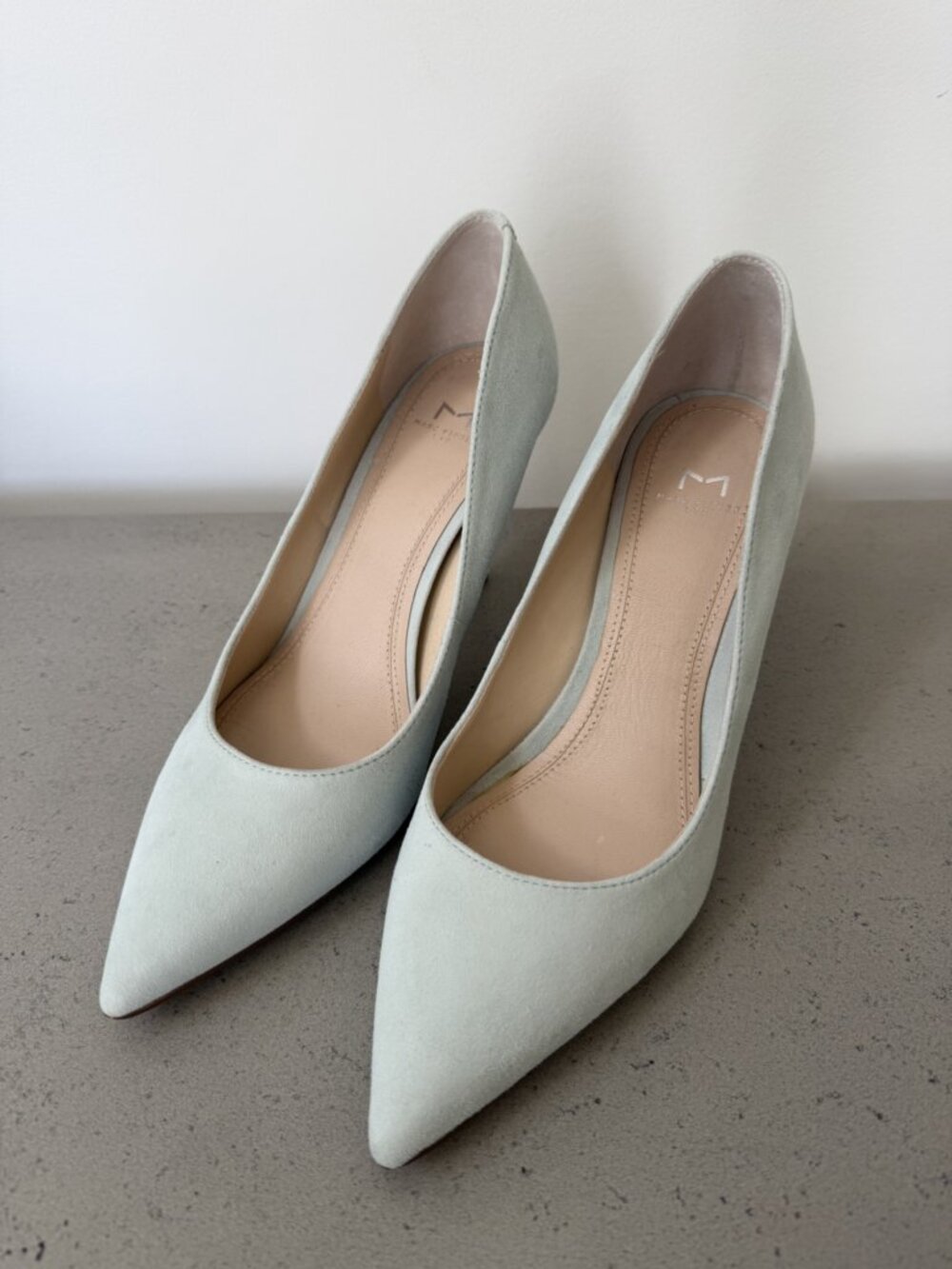 Marc Fisher LTD Mint Suede Pointed Pumps — Stacked Tan Heel, Size 7.5